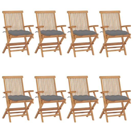 Gartensthle mit Grauen Kissen 8 Stk. Massivholz Teak
