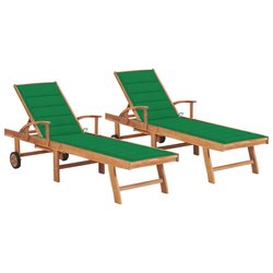 Sonnenliegen 2 Stk. mit Grnen Auflagen Massivholz Teak