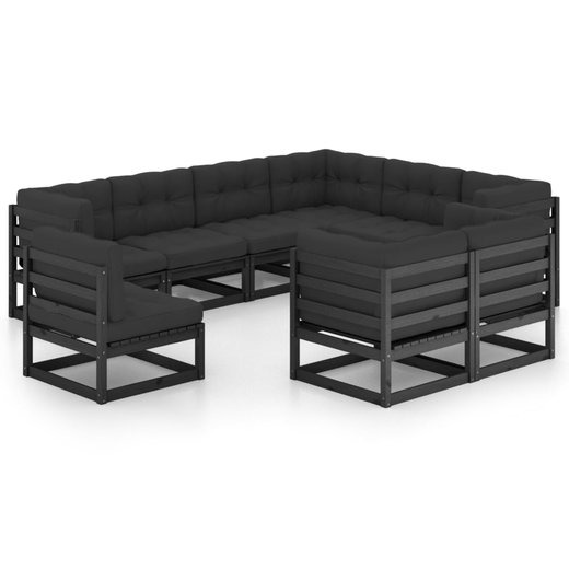 9-tlg. Garten-Lounge-Set mit Kissen Schwarz Massivholz Kiefer