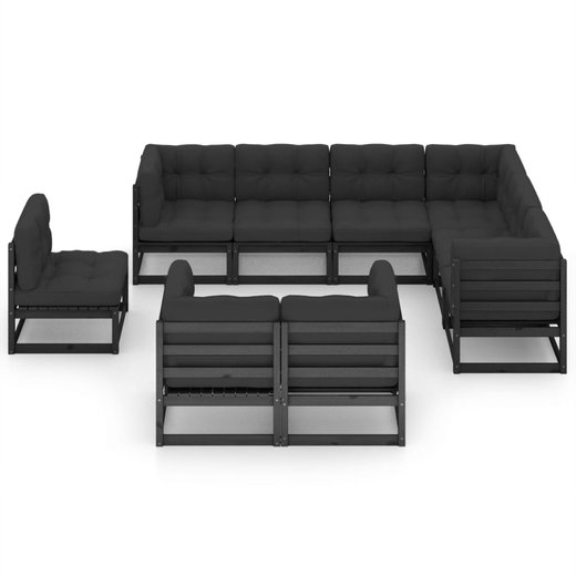 9-tlg. Garten-Lounge-Set mit Kissen Schwarz Massivholz Kiefer