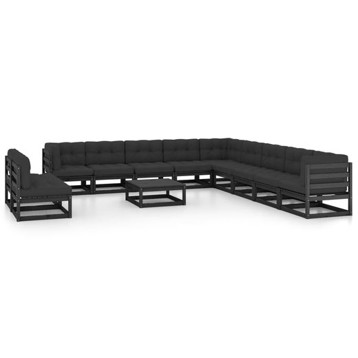 12-tlg. Garten-Lounge-Set mit Kissen Schwarz Kiefer Massivholz