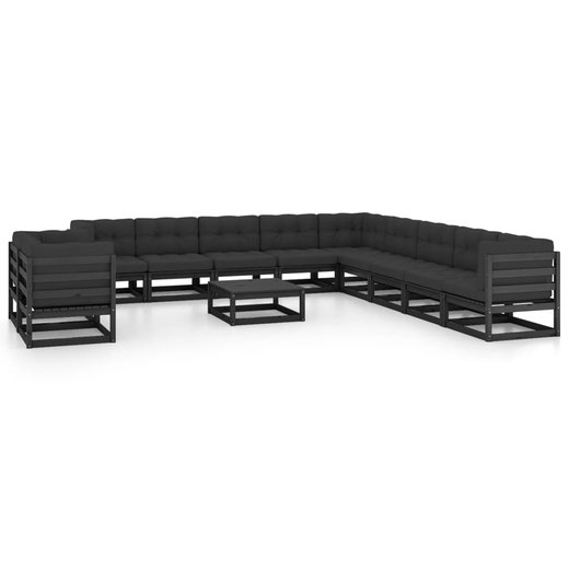 12-tlg. Garten-Lounge-Set mit Kissen Schwarz Kiefer Massivholz