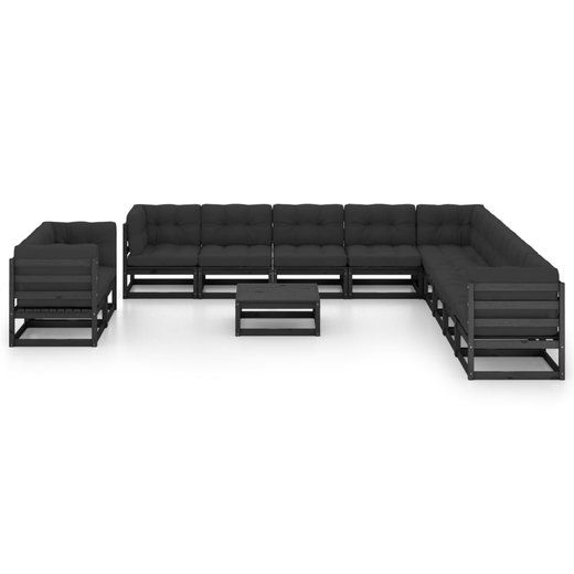 12-tlg. Garten-Lounge-Set mit Kissen Schwarz Kiefer Massivholz