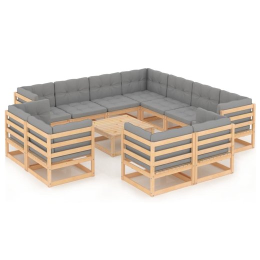 12-tlg. Garten-Lounge-Set mit Kissen Massivholz Kiefer