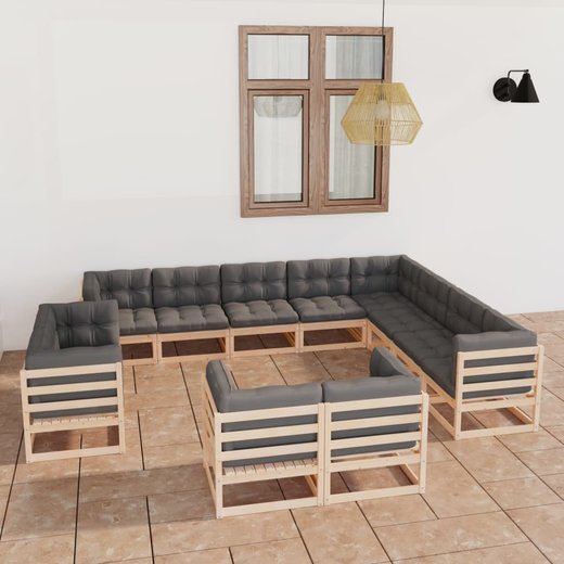 12-tlg. Garten-Lounge-Set mit Kissen Massivholz Kiefer
