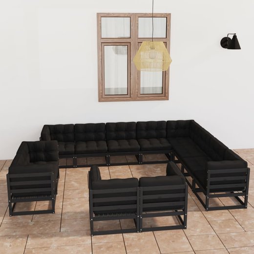 12-tlg. Garten-Lounge-Set mit Kissen Schwarz Massivholz Kiefer