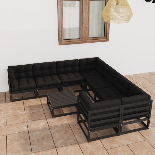 9-tlg. Garten-Lounge-Set mit Kissen Schwarz Massivholz Kiefer