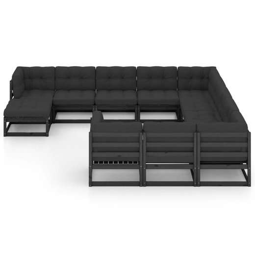 12-tlg. Garten-Lounge-Set mit Kissen Schwarz Kiefer Massivholz