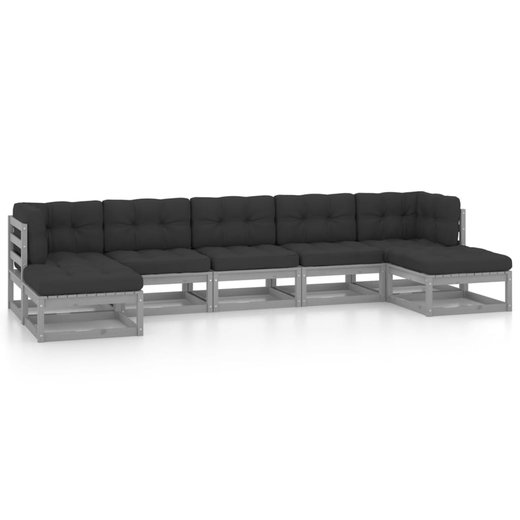 7-tlg. Garten-Lounge-Set mit Kissen Grau Kiefer Massivholz