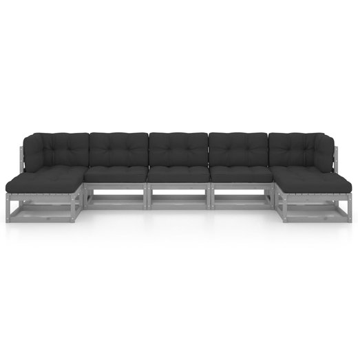 7-tlg. Garten-Lounge-Set mit Kissen Grau Kiefer Massivholz