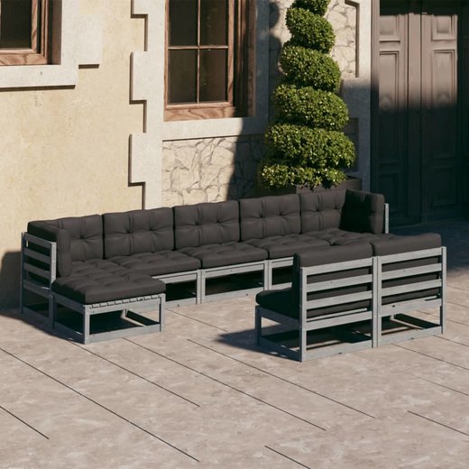9-tlg. Garten-Lounge-Set mit Kissen Grau Kiefer Massivholz