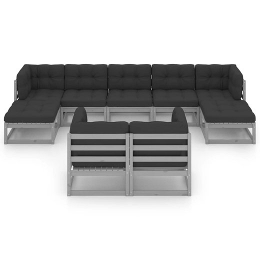 9-tlg. Garten-Lounge-Set mit Kissen Grau Kiefer Massivholz