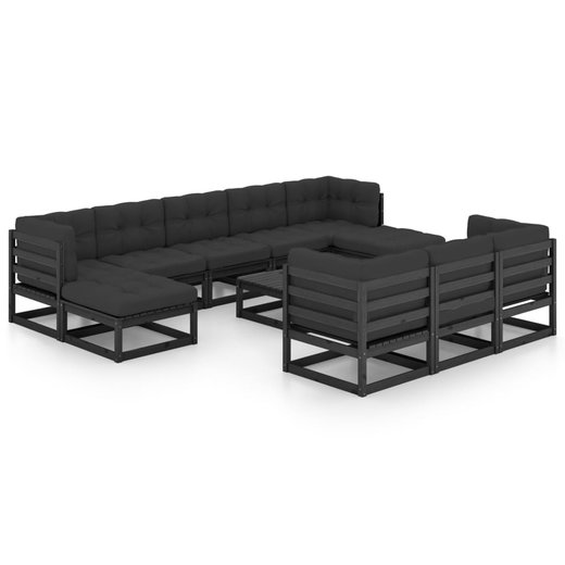 11-tlg. Garten-Lounge-Set mit Kissen Schwarz Massivholz Kiefer