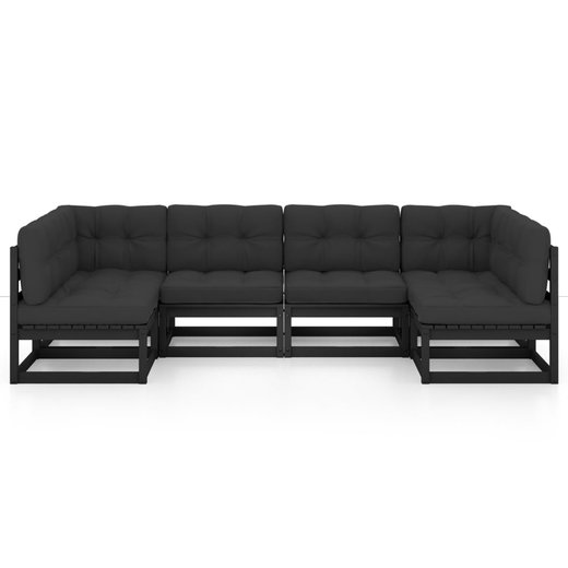 6-tlg. Garten-Lounge-Set mit Kissen Schwarz Massivholz Kiefer