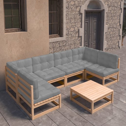 7-tlg. Garten-Lounge-Set mit Kissen Kiefer Massivholz