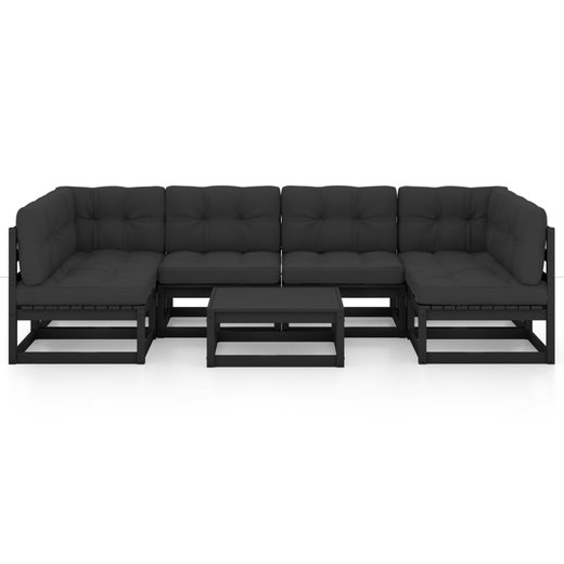 7-tlg. Garten-Lounge-Set mit Kissen Schwarz Massivholz Kiefer