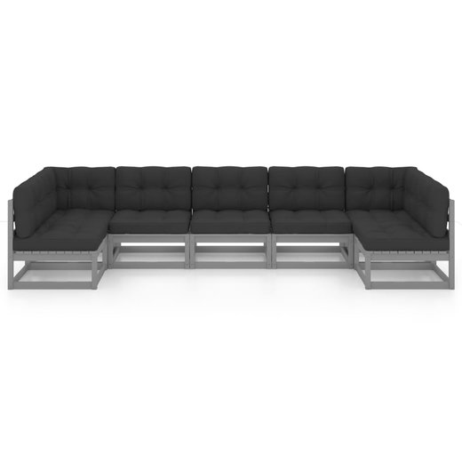 7-tlg. Garten-Lounge-Set mit Kissen Grau Kiefer Massivholz