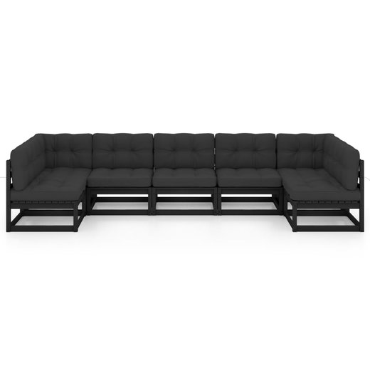 7-tlg. Garten-Lounge-Set mit Kissen Schwarz Massivholz Kiefer