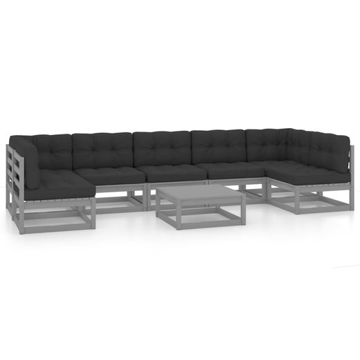 8-tlg. Garten-Lounge-Set mit Kissen Grau Kiefer Massivholz