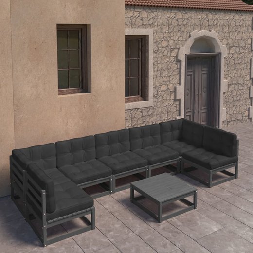 8-tlg. Garten-Lounge-Set mit Kissen Schwarz Kiefer Massivholz