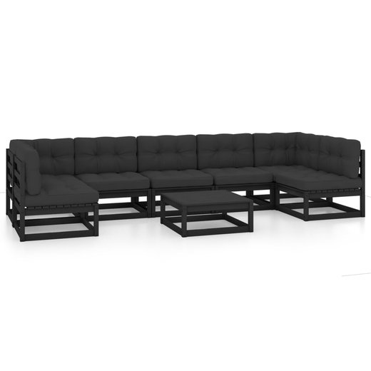 8-tlg. Garten-Lounge-Set mit Kissen Schwarz Kiefer Massivholz