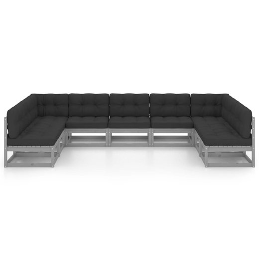 9-tlg. Garten-Lounge-Set mit Kissen Grau Kiefer Massivholz