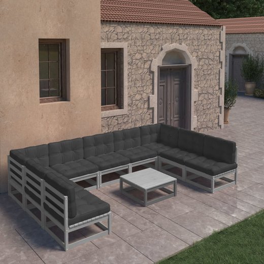 10-tlg. Garten-Lounge-Set mit Kissen Grau Kiefer Massivholz