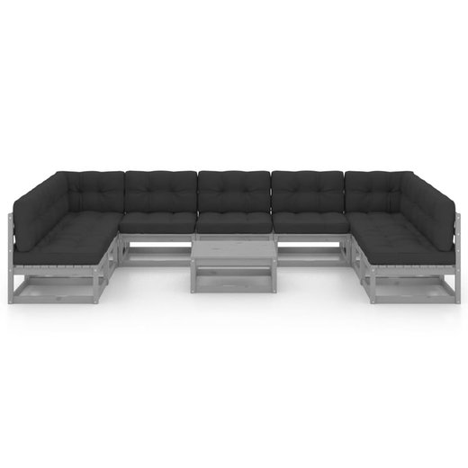 10-tlg. Garten-Lounge-Set mit Kissen Grau Kiefer Massivholz