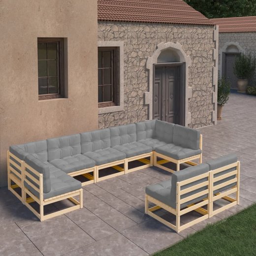 9-tlg. Garten-Lounge-Set mit Kissen Kiefer Massivholz