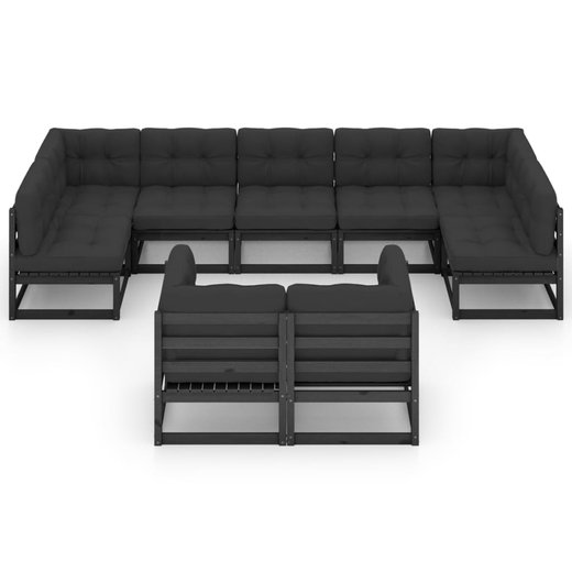 9-tlg. Garten-Lounge-Set mit Kissen Schwarz Massivholz Kiefer