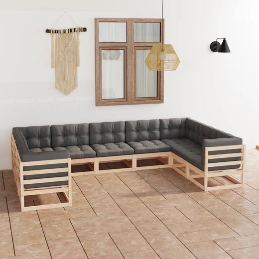 9-tlg. Garten-Lounge-Set mit Kissen Kiefer Massivholz