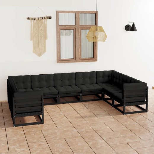 9-tlg. Garten-Lounge-Set mit Kissen Schwarz Massivholz Kiefer