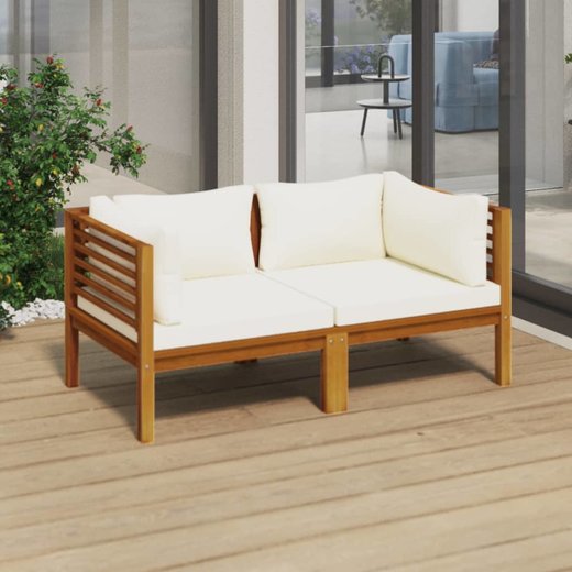 2-Sitzer-Gartensofa mit Creme Kissen Massivholz Akazie
