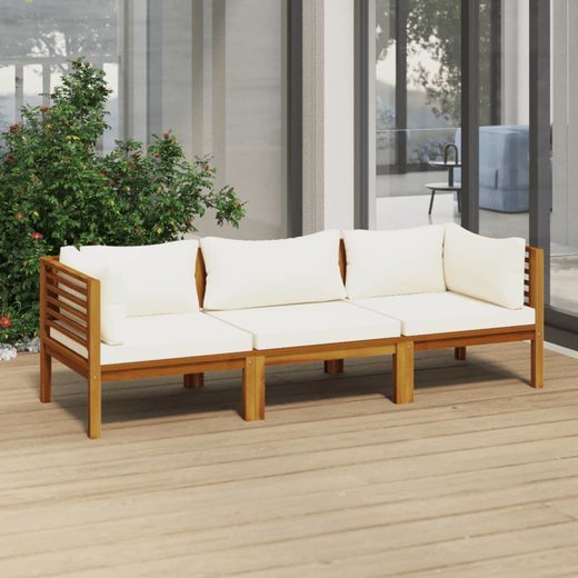 3-Sitzer-Gartensofa mit Creme Kissen Massivholz Akazie