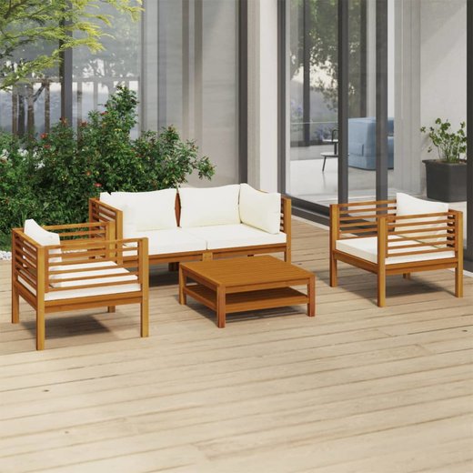 5-tlg. Garten-Lounge-Set mit Creme Kissen Massivholz Akazie