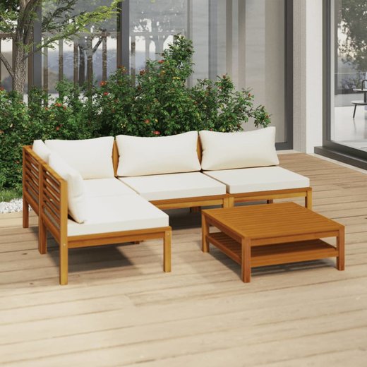 5-tlg. Garten-Lounge-Set mit Creme Kissen Massivholz Akazie