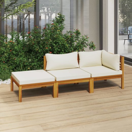 3-tlg. Garten-Lounge-Set mit Creme Kissen Massivholz Akazie