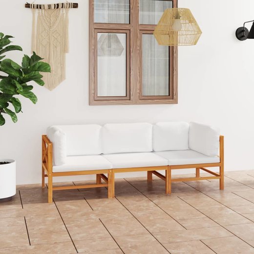 3-Sitzer-Gartensofa mit Creme Kissen Massivholz Teak