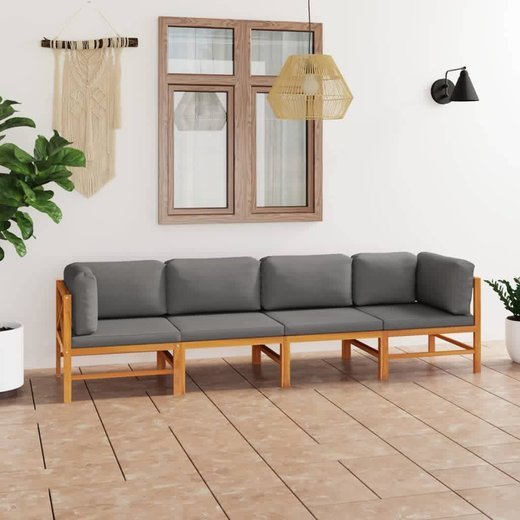 4-Sitzer-Gartensofa mit Grauen Kissen Massivholz Teak