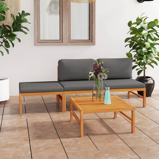 4-tlg. Garten-Lounge-Set mit Grauen Kissen Massivholz Teak