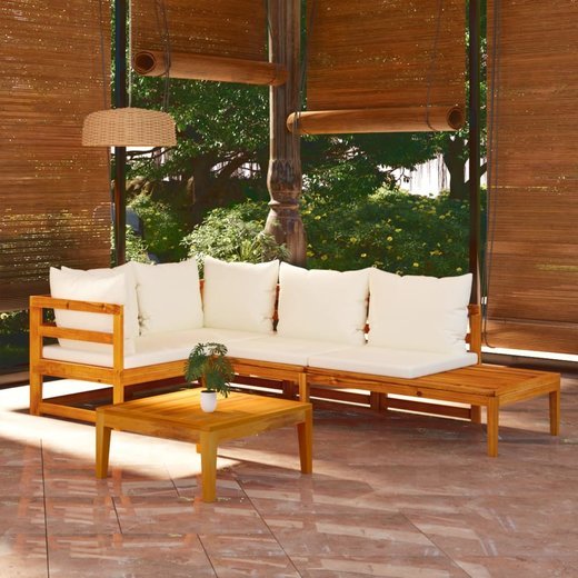4-tlg. Garten-Lounge-Set mit Cremeweien Kissen Akazienholz