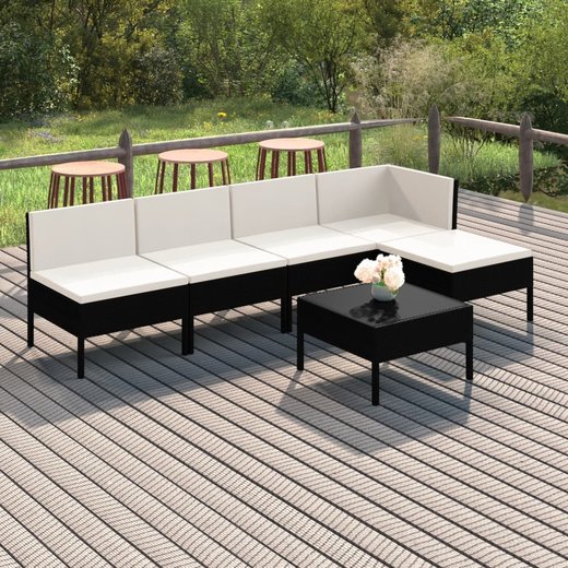 6-tlg. Garten-Lounge-Set mit Auflagen Poly Rattan Schwarz