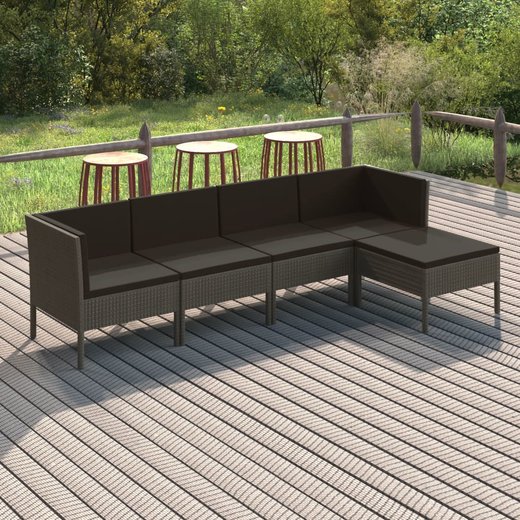 5-tlg. Garten-Lounge-Set mit Auflagen Poly Rattan Grau