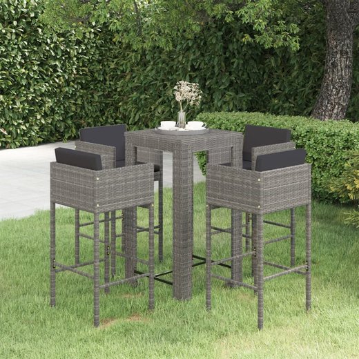 5-tlg. Gartenbar-Set mit Kissen Poly Rattan Grau