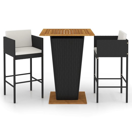3-tlg. Gartenbar-Set mit Kissen Poly Rattan Schwarz