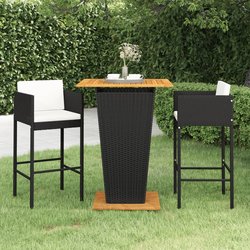 3-tlg. Gartenbar-Set mit Kissen Poly Rattan Schwarz