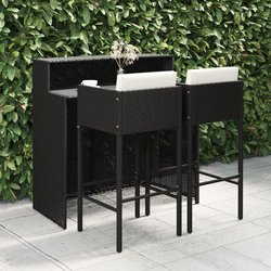3-tlg. Gartenbar-Set mit Kissen Poly Rattan Schwarz