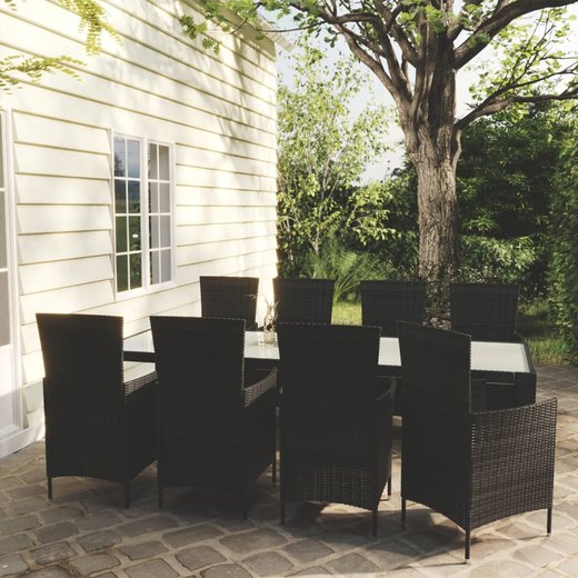 9-tlg. Garten-Essgruppe mit Auflagen Poly Rattan Schwarz