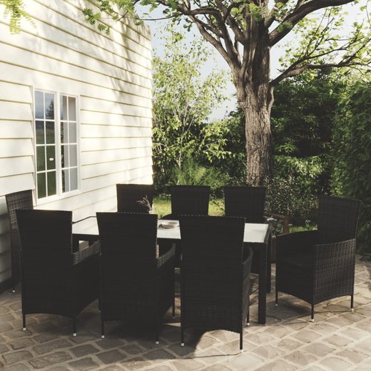9-tlg. Garten-Essgruppe mit Auflagen Poly Rattan Schwarz
