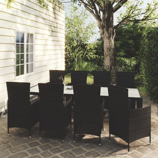 9-tlg. Garten-Essgruppe mit Auflagen Poly Rattan Schwarz